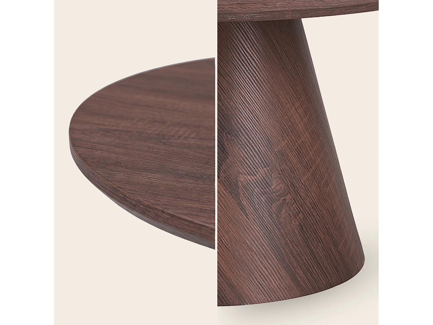 Table basse ronde 80cm - Effet noyer foncé - Pied central conique - MANON