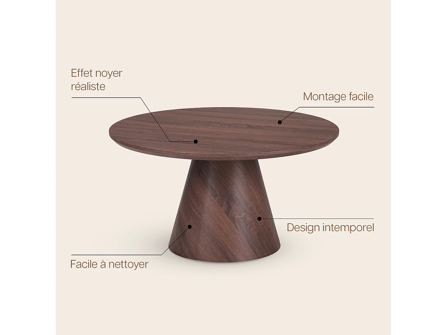 Table basse ronde 80cm - Effet noyer foncé - Pied central conique - MANON