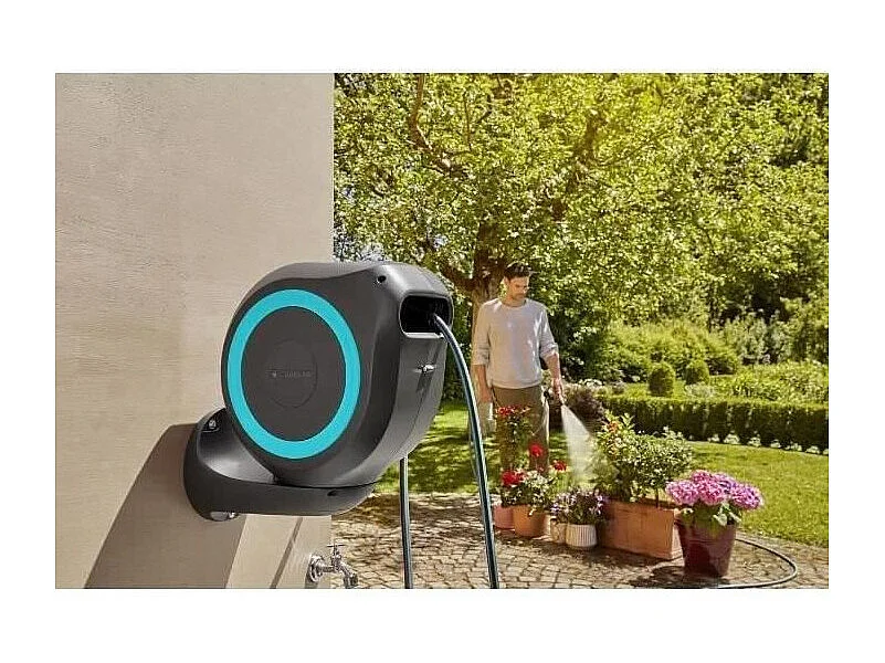 Dévidoir automatique mural RollUp M 20 m - Liseret bleu - Enroulement automatique du tuyau