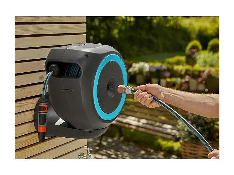 Dévidoir automatique mural RollUp M 20 m - Liseret bleu - Enroulement automatique du tuyau