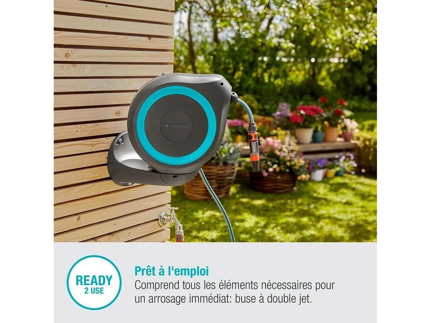 Dévidoir automatique mural RollUp M 20 m - Liseret bleu - Enroulement automatique du tuyau