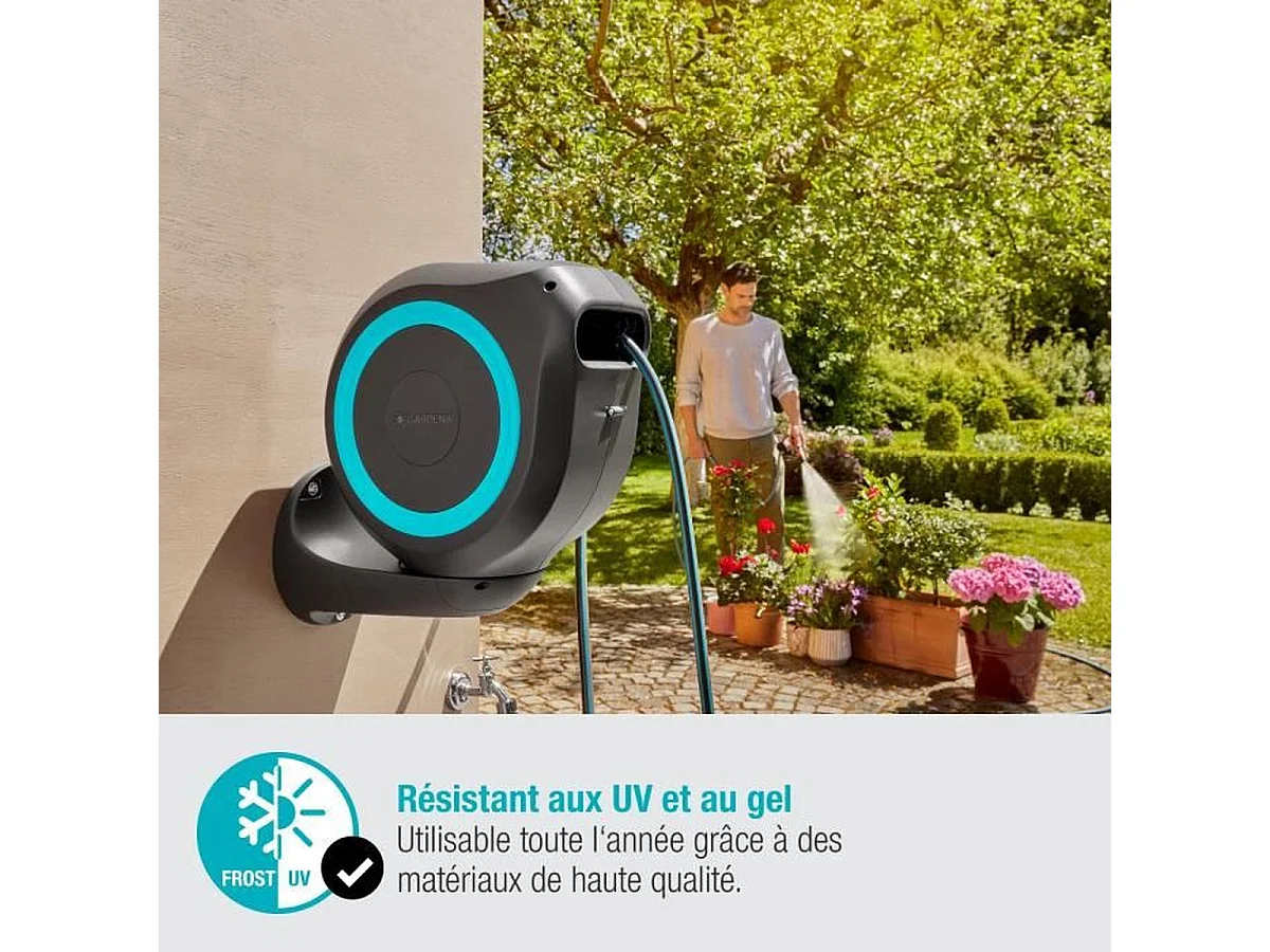 Dévidoir automatique mural RollUp M 20 m - Liseret bleu - Enroulement automatique du tuyau