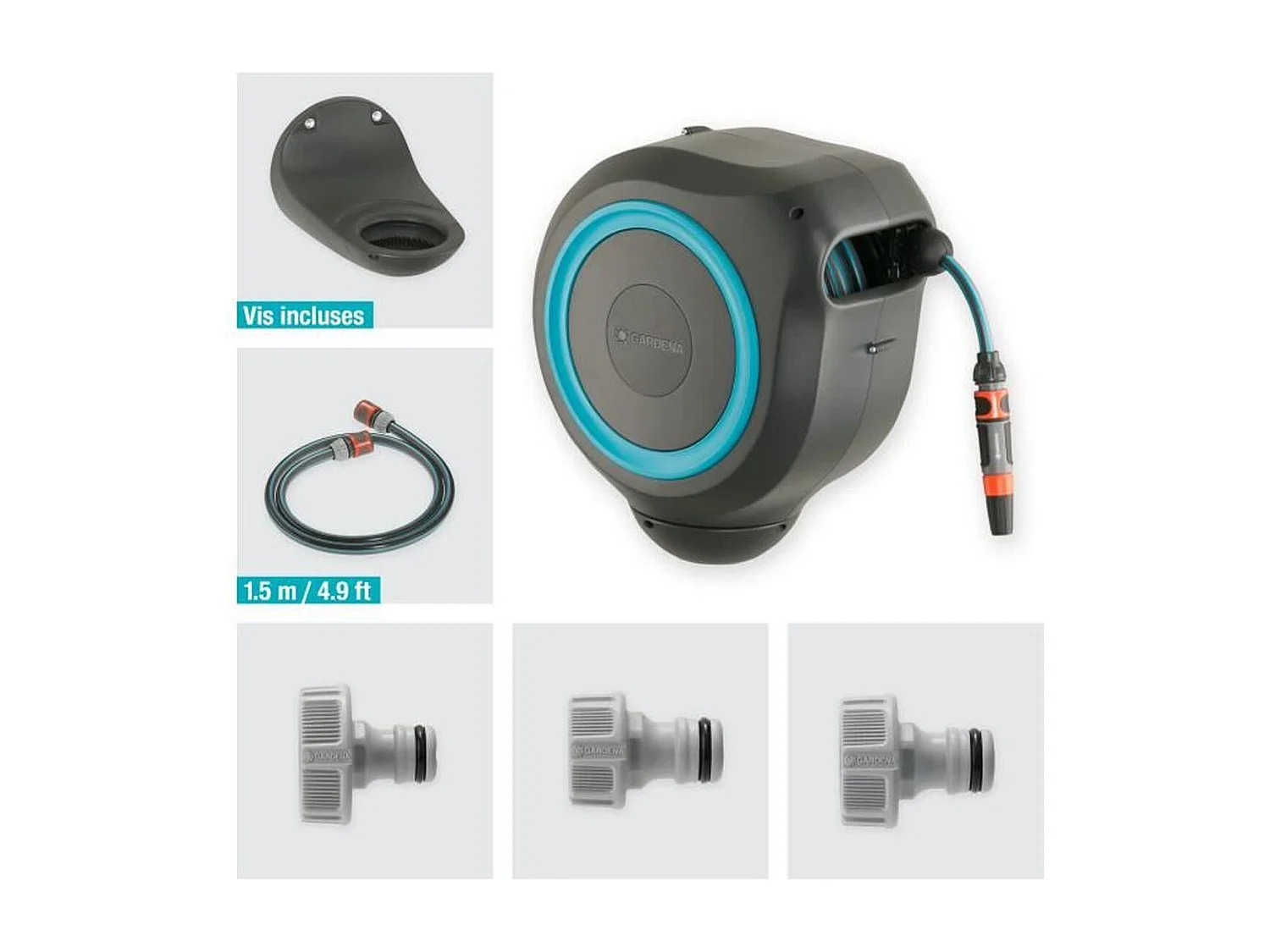 Dévidoir automatique mural RollUp M 20 m - Liseret bleu - Enroulement automatique du tuyau