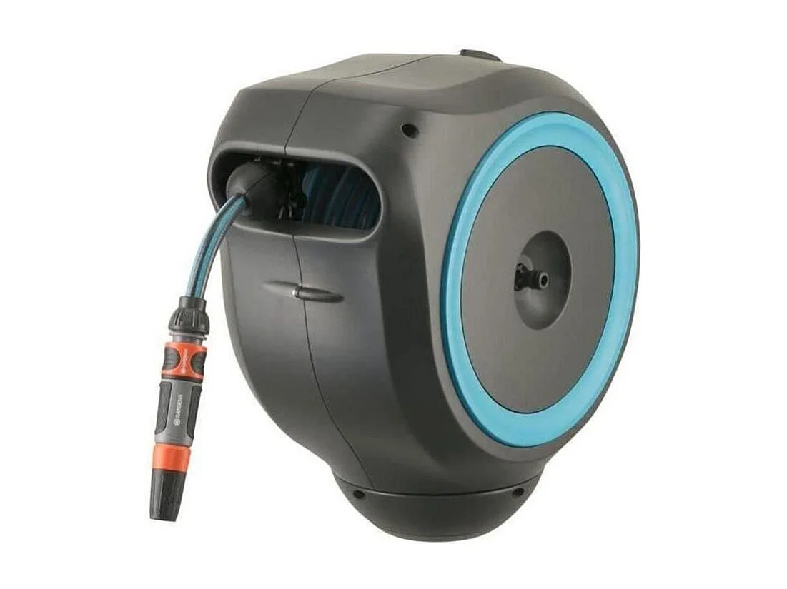 Automatische Wand-Schlauchbox GARDENA RollUp S 15m Ø11mm Komplettset mit Doppelstrahllanze und 180° schwenkbarer Halterung