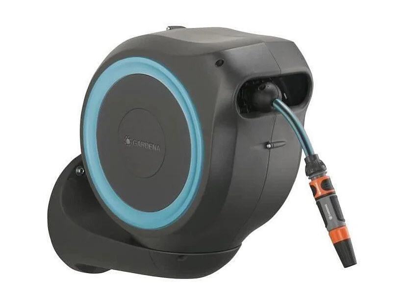 Automatische Wand-Schlauchbox GARDENA RollUp S 15m Ø11mm Komplettset mit Doppelstrahllanze und 180° schwenkbarer Halterung