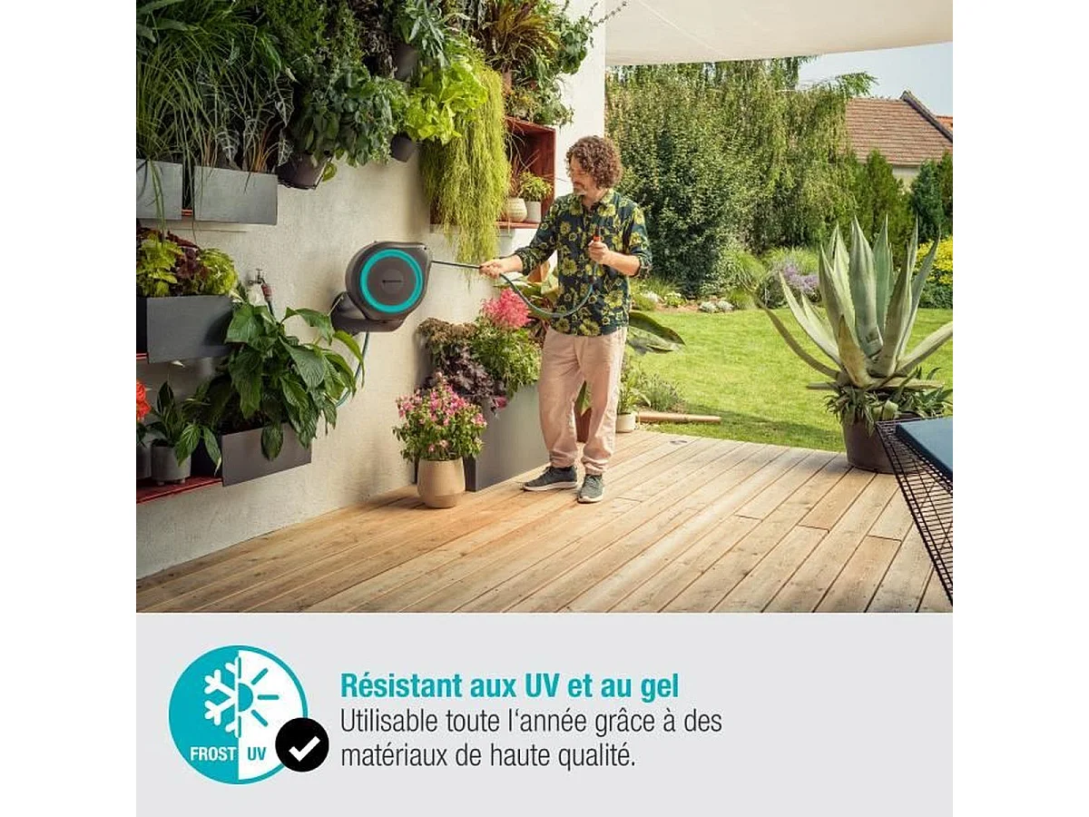 Automatische Wand-Schlauchbox GARDENA RollUp S 15m Ø11mm Komplettset mit Doppelstrahllanze und 180° schwenkbarer Halterung