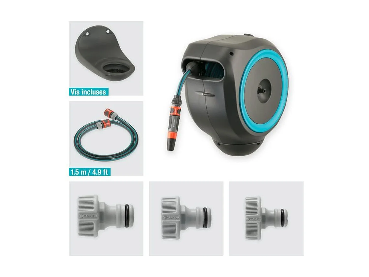 Automatische Wand-Schlauchbox GARDENA RollUp S 15m Ø11mm Komplettset mit Doppelstrahllanze und 180° schwenkbarer Halterung