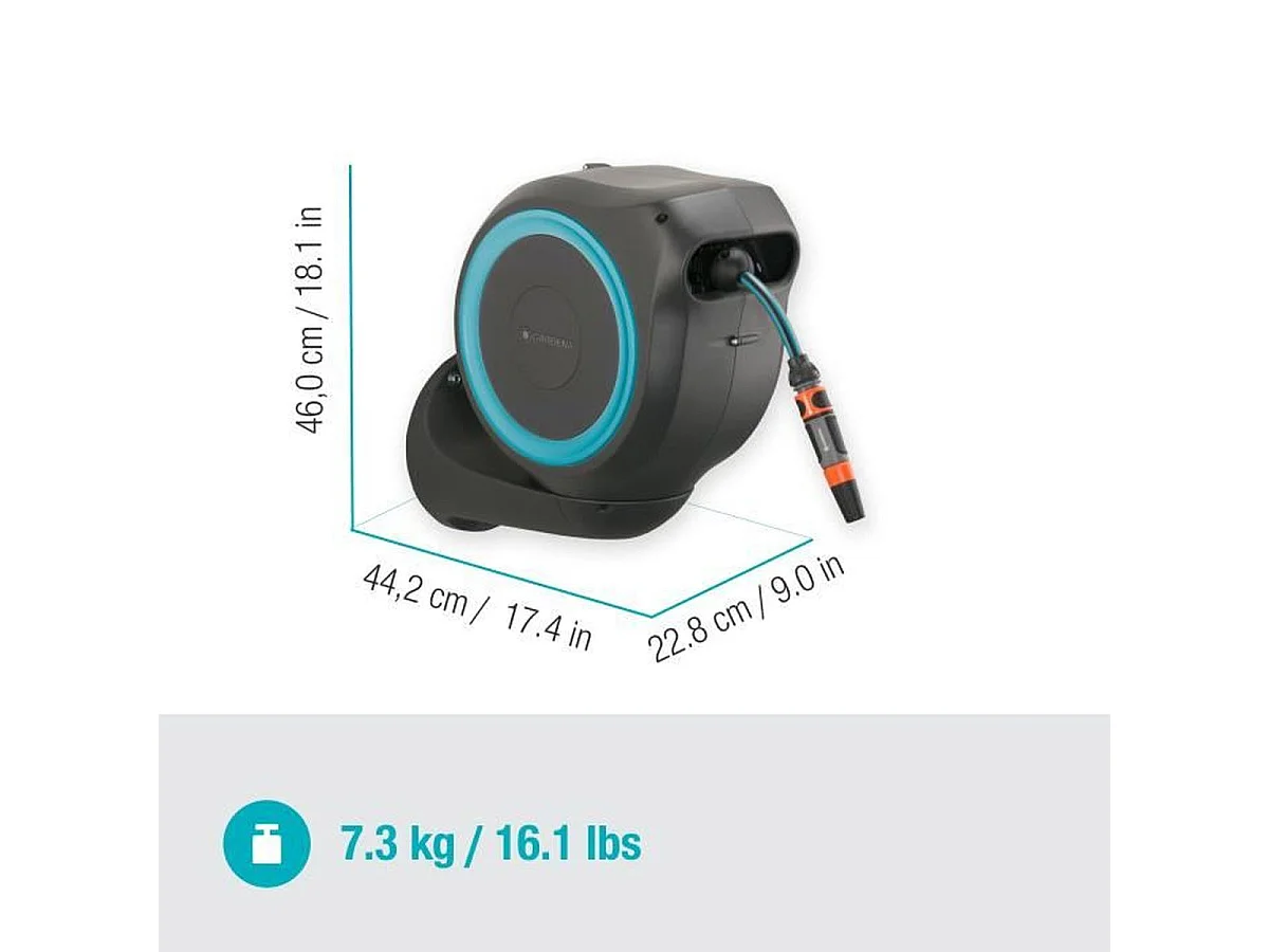 Automatische Wand-Schlauchbox GARDENA RollUp S 15m Ø11mm Komplettset mit Doppelstrahllanze und 180° schwenkbarer Halterung