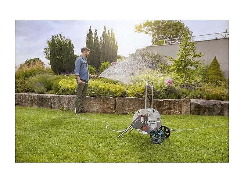 GARDENA CleverRoll M Metall Schlauchwagen auf Rädern mit 25 m Schlauch Ø15 mm, Teleskopgriff und Tropfstopp-Anschluss