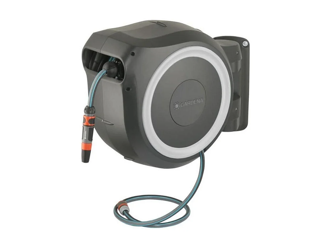 Automatische Wand-Schlauchtrommel GARDENA RollUp M/L 25m Schlauch Ø13mm mit Spritze und 180° schwenkbarer Halterung