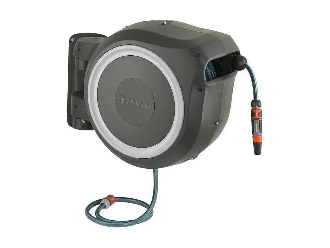 Automatische Wand-Schlauchtrommel GARDENA RollUp M/L 25m Schlauch Ø13mm mit Spritze und 180° schwenkbarer Halterung