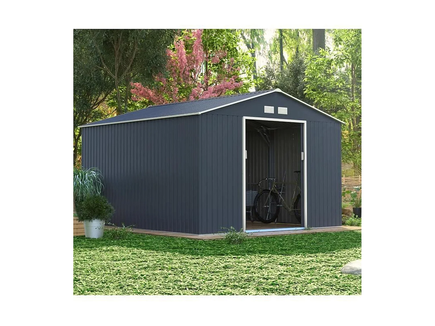 Abri de jardin en acier 12,99 m2 - Kit dancrage inclus - Gris anthracite