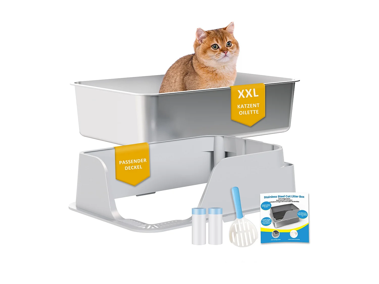 Litière pour chat en acier inoxydable, grande taille, bords hauts et conception anti-éclaboussures