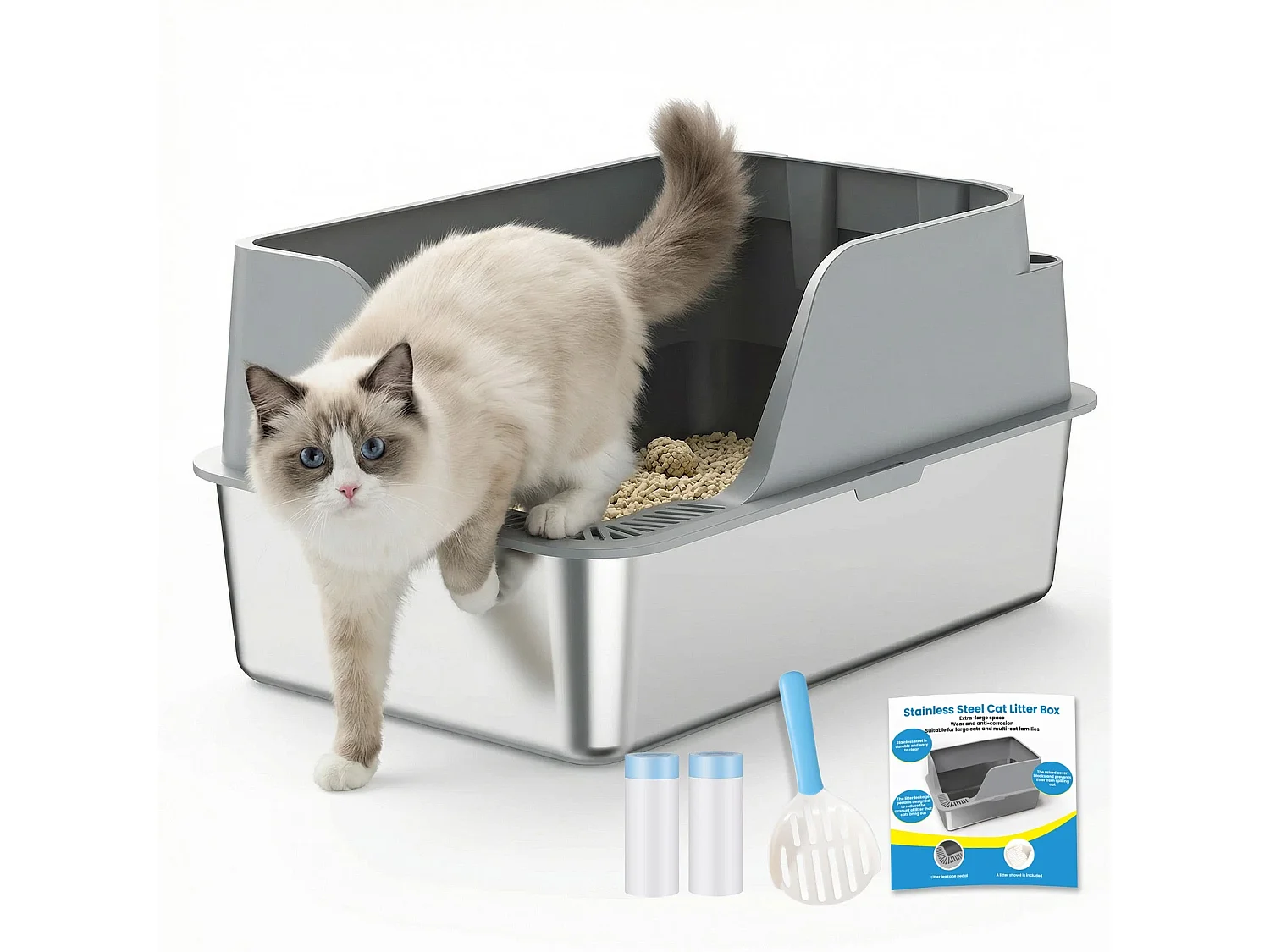 Litière pour chat en acier inoxydable, grande taille, bords hauts et conception anti-éclaboussures