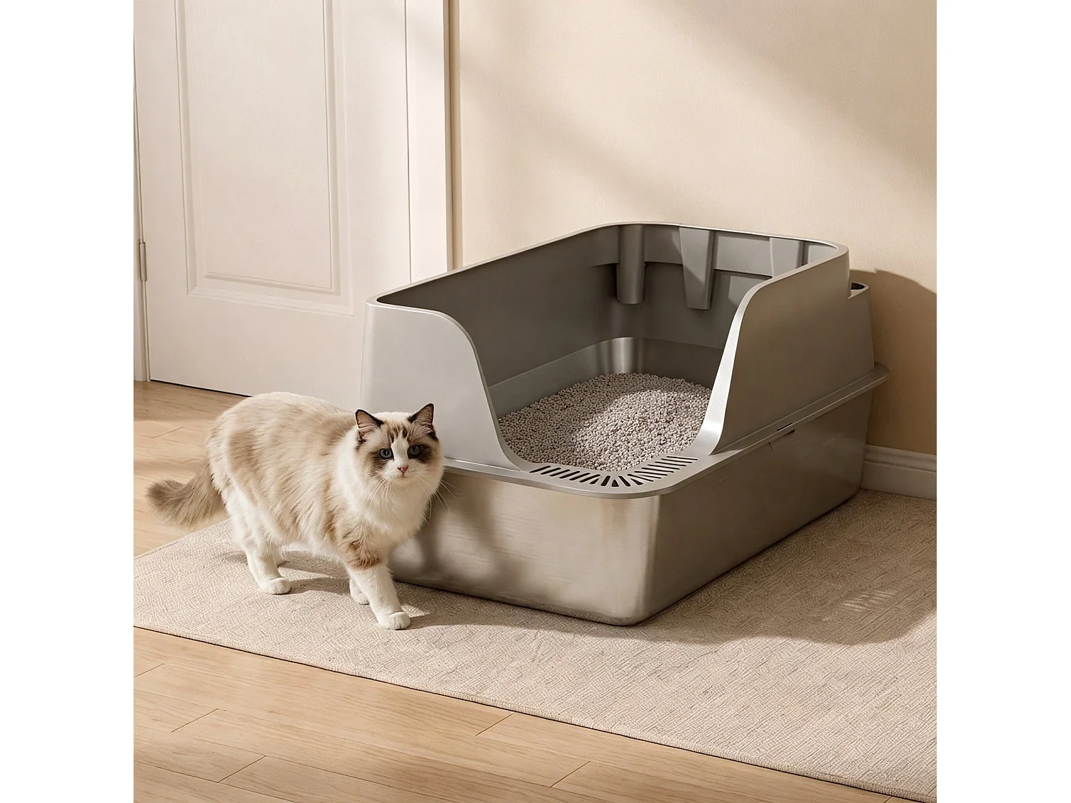 Litière pour chat en acier inoxydable, grande taille, bords hauts et conception anti-éclaboussures