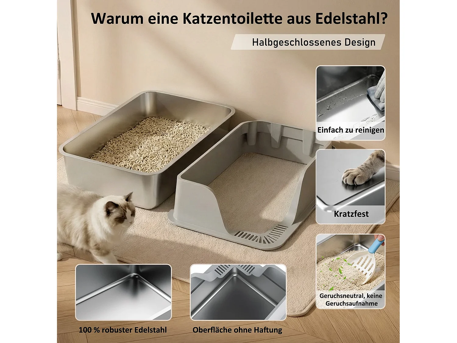 Litière pour chat en acier inoxydable, grande taille, bords hauts et conception anti-éclaboussures