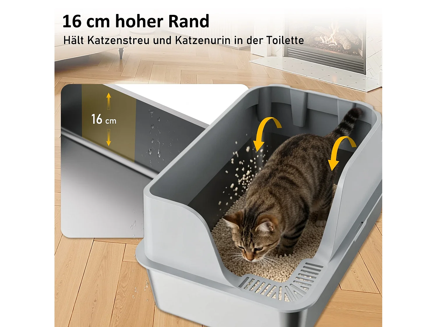 Litière pour chat en acier inoxydable, grande taille, bords hauts et conception anti-éclaboussures