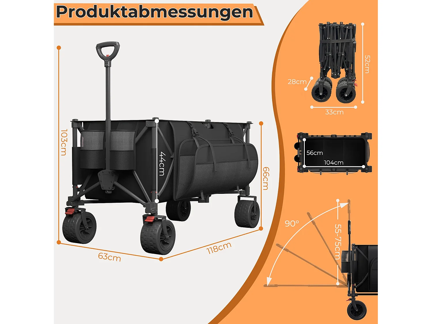 Gunji 300L Chariot pliable avec poches latérales, charge utile 200 kg