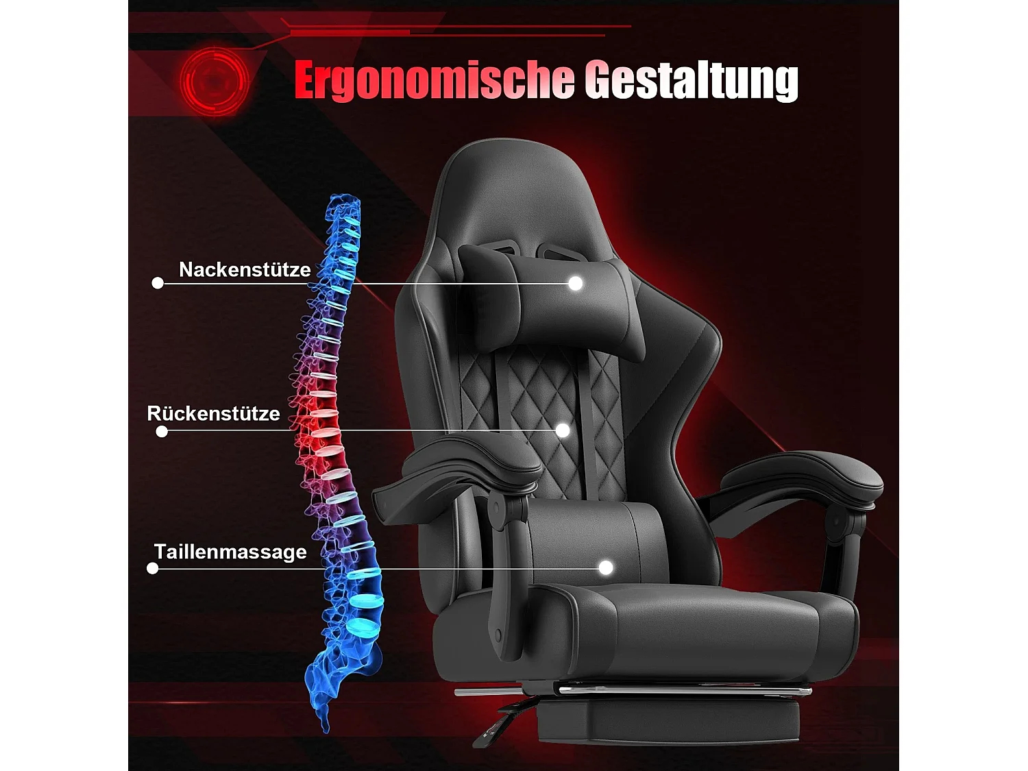 Fauteuil de bureau pivotant avec massage, fauteuil gaming, siège ergonomique avec accoudoirs 3D