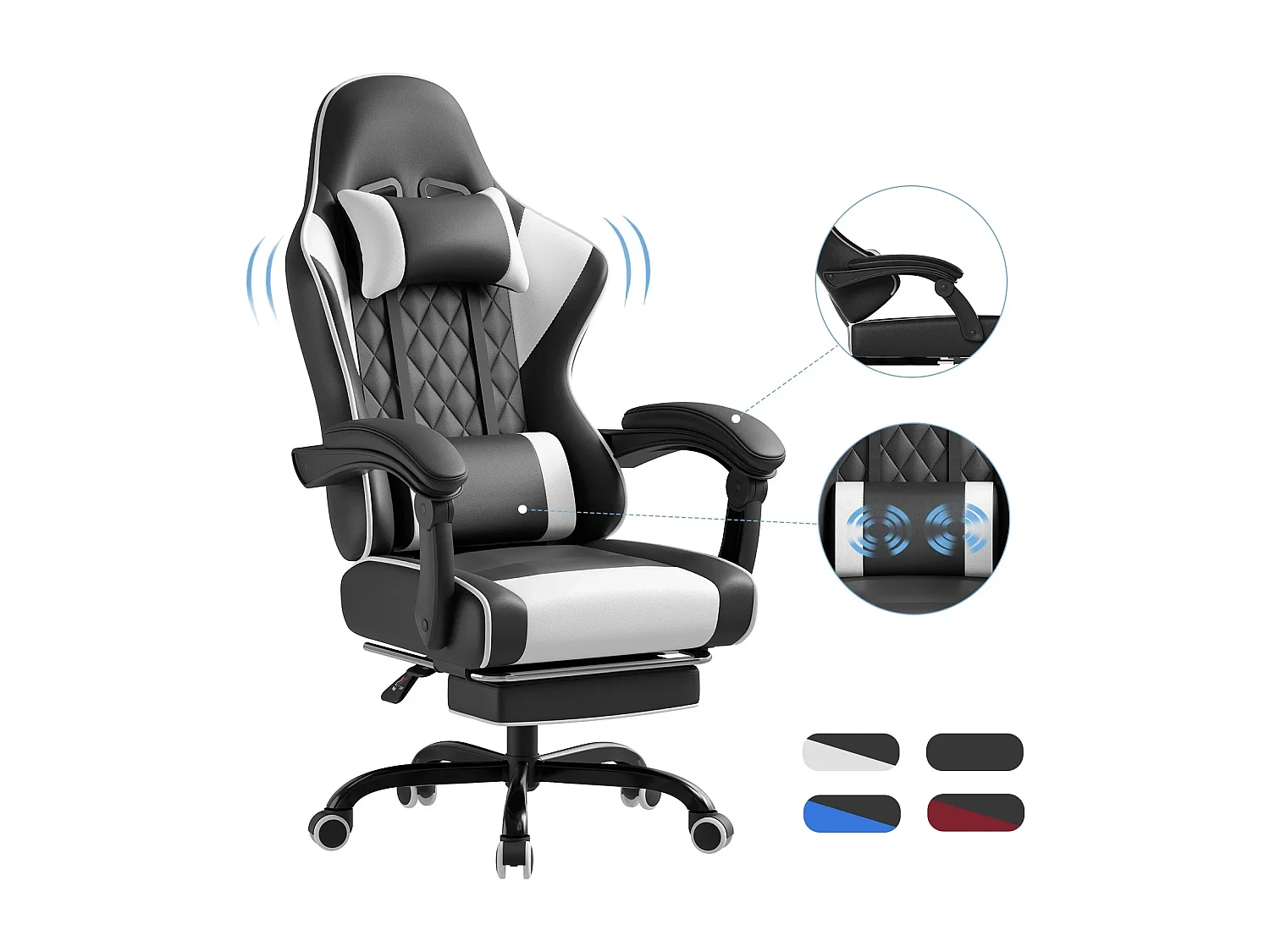 Fauteuil de bureau pivotant avec massage, fauteuil gaming, siège ergonomique avec accoudoirs 3D