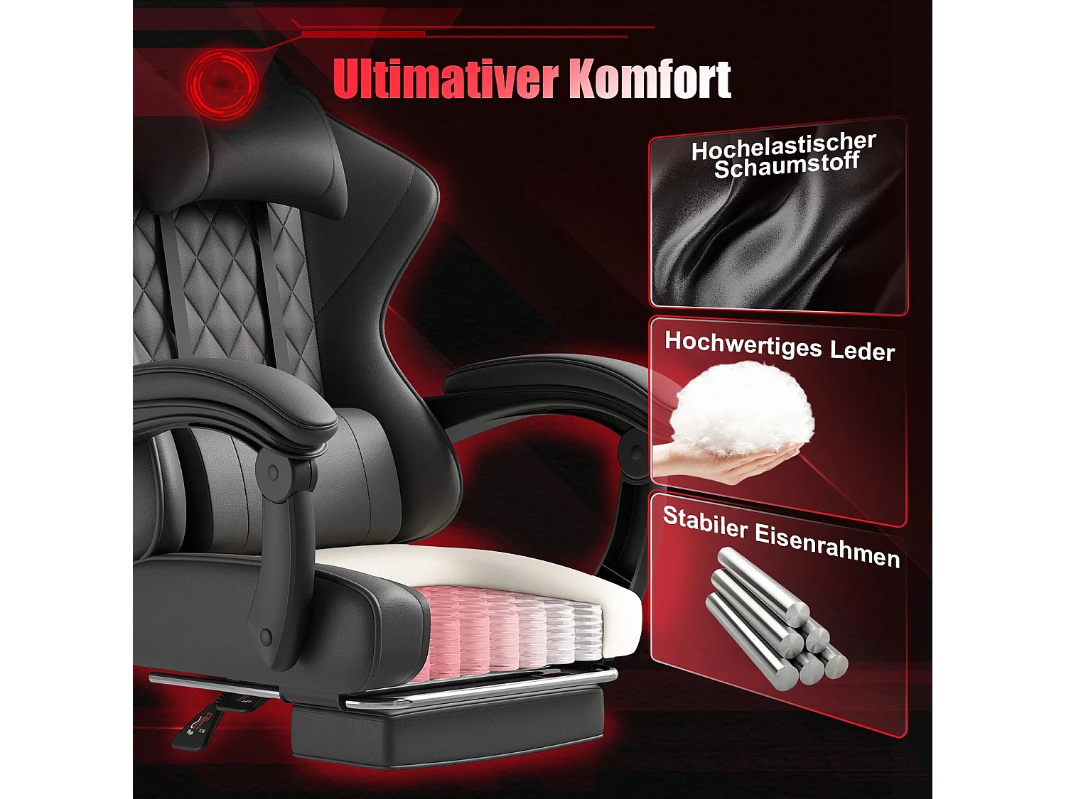 Fauteuil de bureau pivotant avec massage, fauteuil gaming, siège ergonomique avec accoudoirs 3D