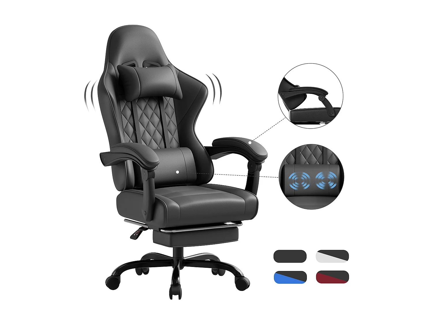 Fauteuil de bureau pivotant avec massage, fauteuil gaming, siège ergonomique avec accoudoirs 3D