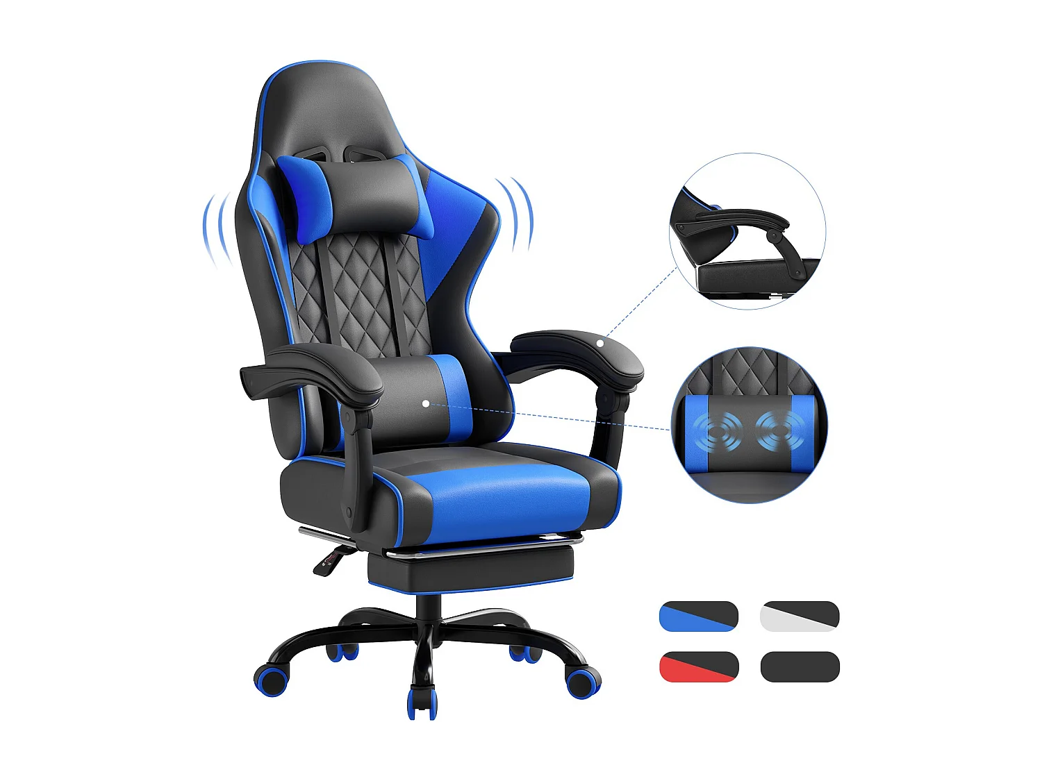 Fauteuil de bureau pivotant avec massage, fauteuil gaming, siège ergonomique avec accoudoirs 3D