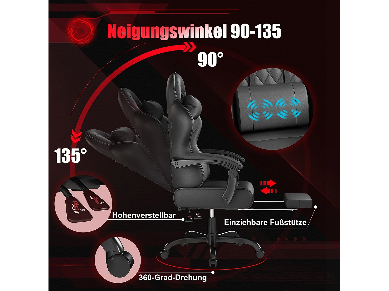 Fauteuil de bureau pivotant avec massage, fauteuil gaming, siège ergonomique avec accoudoirs 3D