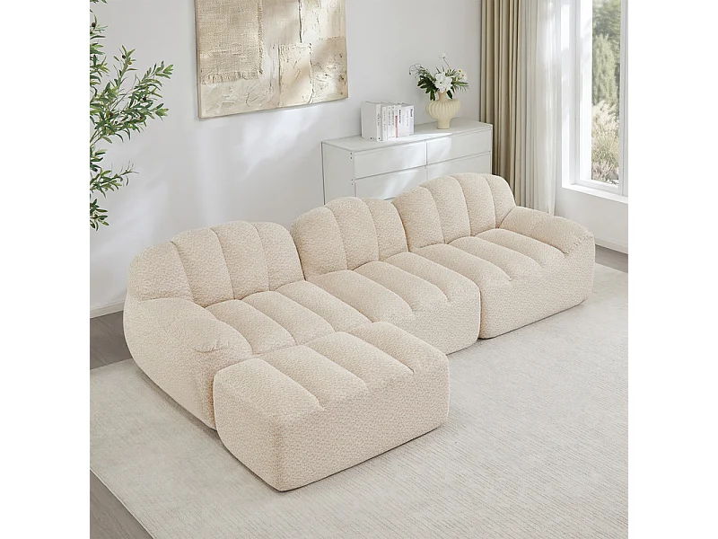 Canapé 3 places modulable en forme de L - avec pouf - velours côtelé - 288x165x79cm - Beige