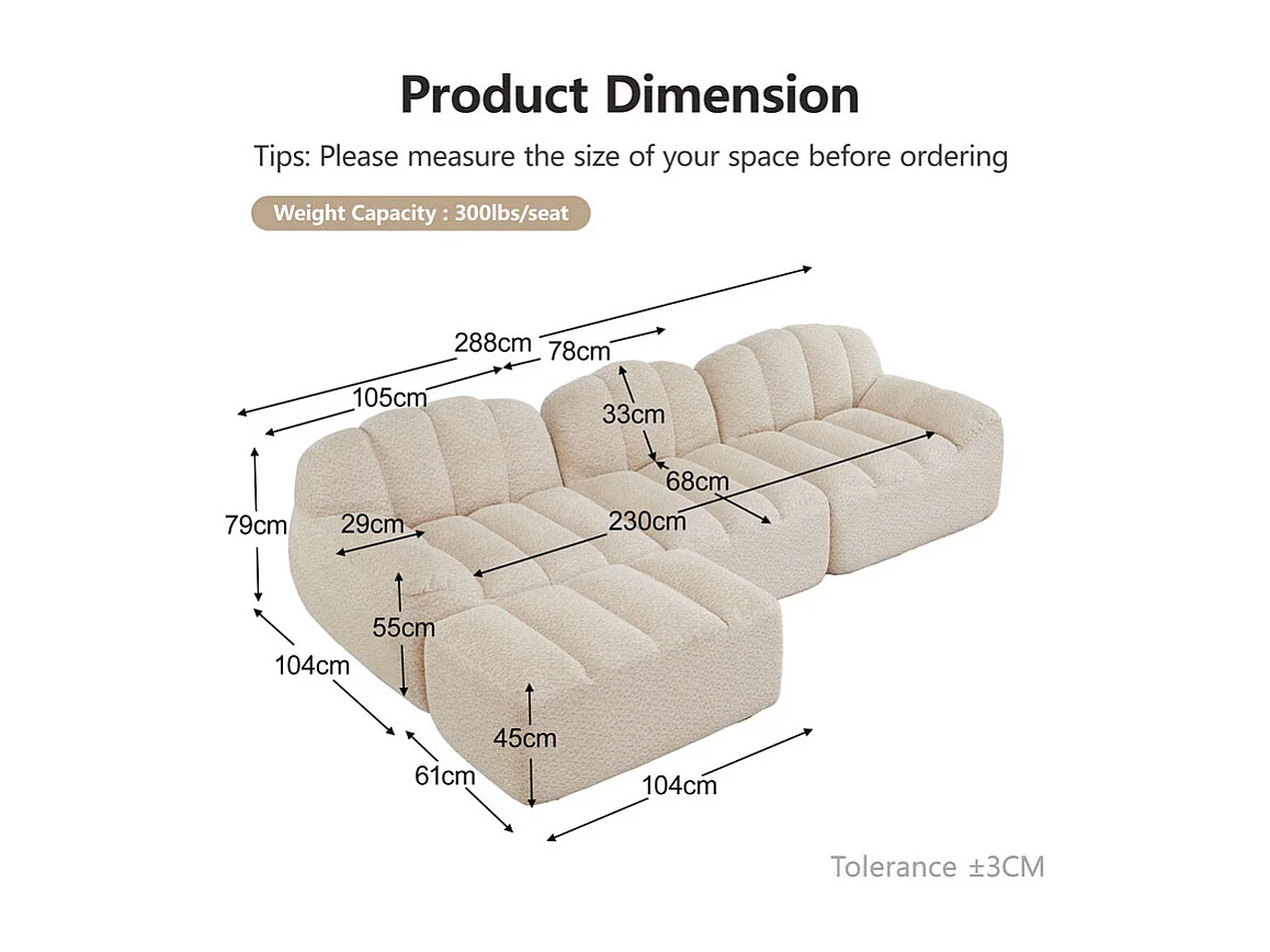 Canapé 3 places modulable en forme de L - avec pouf - velours côtelé - 288x165x79cm - Beige