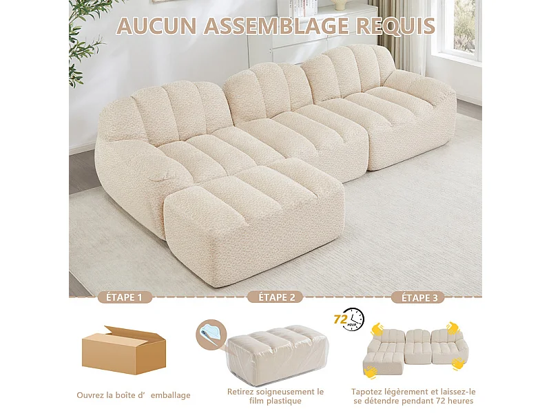 Canapé 3 places modulable en forme de L - avec pouf - velours côtelé - 288x165x79cm - Beige