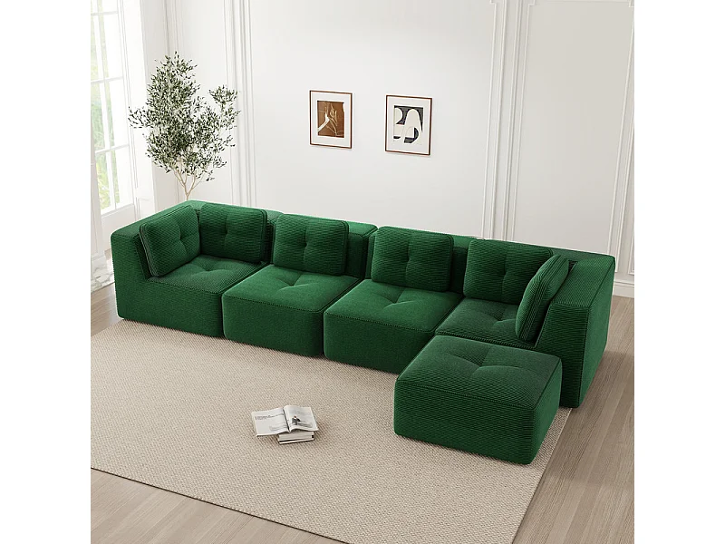 Canapé 4 places d'angle en velours côtelé, avec pouf et 6 coussins, 386x177x69cm, Vert