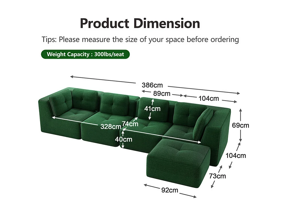 Canapé 4 places d'angle en velours côtelé, avec pouf et 6 coussins, 386x177x69cm, Vert