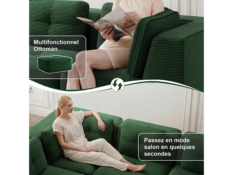Canapé 4 places d'angle en velours côtelé, avec pouf et 6 coussins, 386x177x69cm, Vert