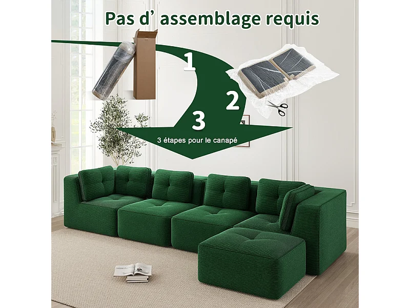 Canapé 4 places d'angle en velours côtelé, avec pouf et 6 coussins, 386x177x69cm, Vert