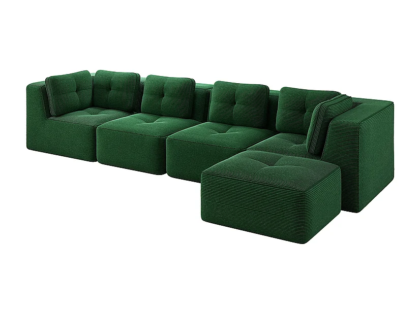 Canapé 4 places d'angle en velours côtelé, avec pouf et 6 coussins, 386x177x69cm, Vert