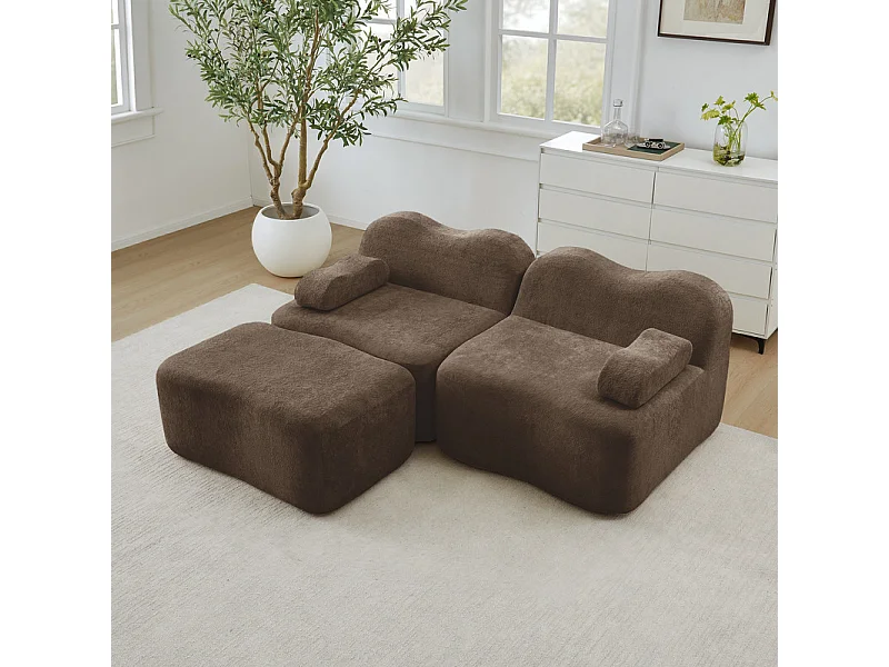 Modulares Ecksofa aus Samt, mit Hocker und mobilem Armlehnkissen, 192x167x70cm, Braun