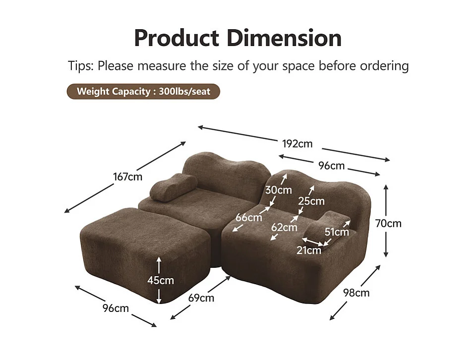Modulares Ecksofa aus Samt, mit Hocker und mobilem Armlehnkissen, 192x167x70cm, Braun