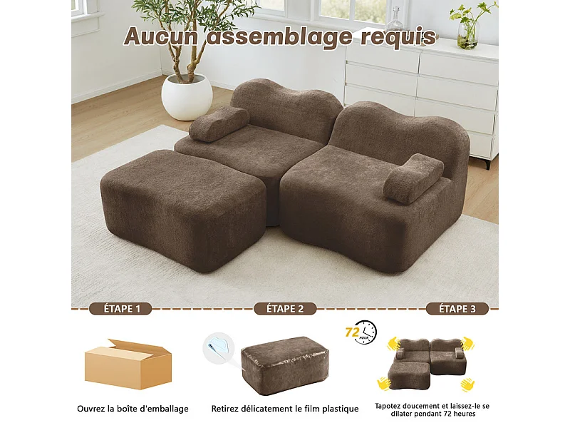 Modulares Ecksofa aus Samt, mit Hocker und mobilem Armlehnkissen, 192x167x70cm, Braun