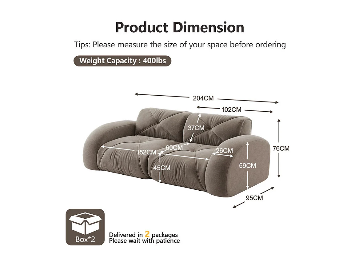 Canapé 2 places modulable en tissu chenille, 204x95x76cm, Marron