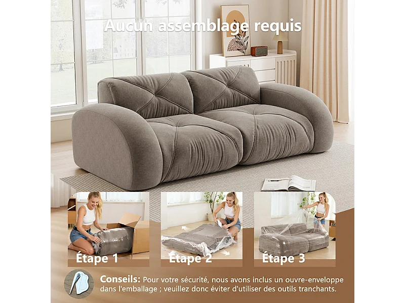 Canapé 2 places modulable en tissu chenille, 204x95x76cm, Marron