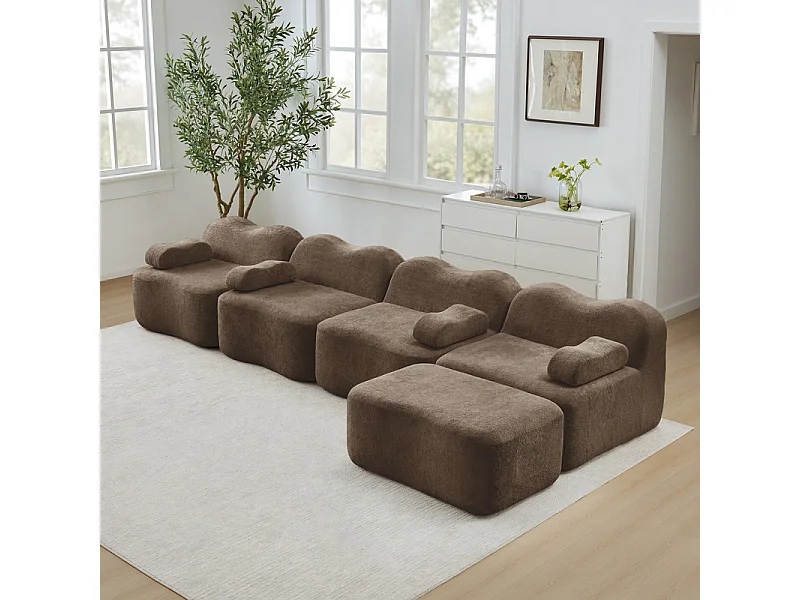 Modulaire hoekbank van fluweel - 4-zits - met poef en armleuningskussen - 384x167x70cm - Bruin