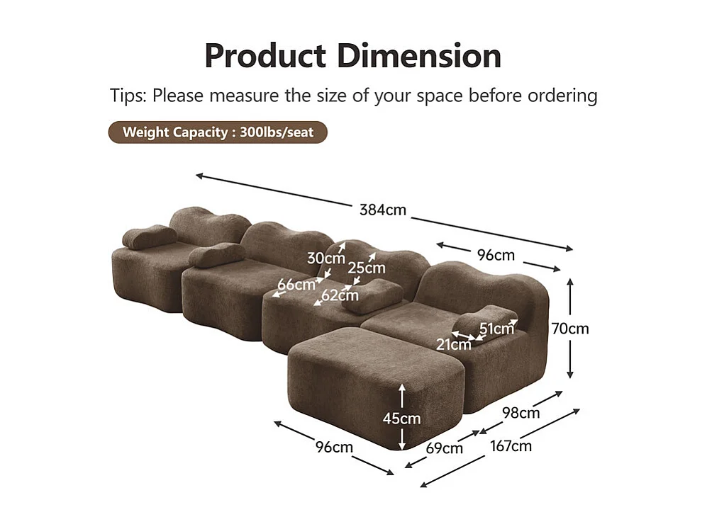 Modulaire hoekbank van fluweel - 4-zits - met poef en armleuningskussen - 384x167x70cm - Bruin