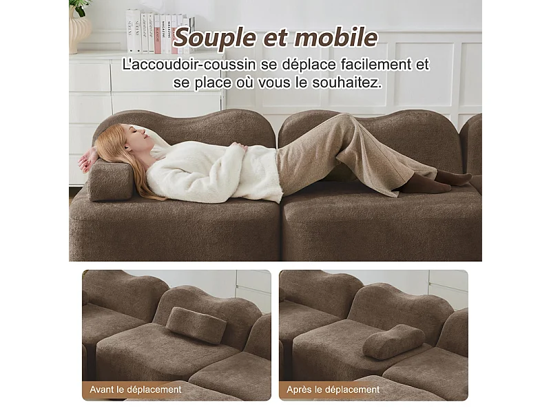 Modulaire hoekbank van fluweel - 4-zits - met poef en armleuningskussen - 384x167x70cm - Bruin