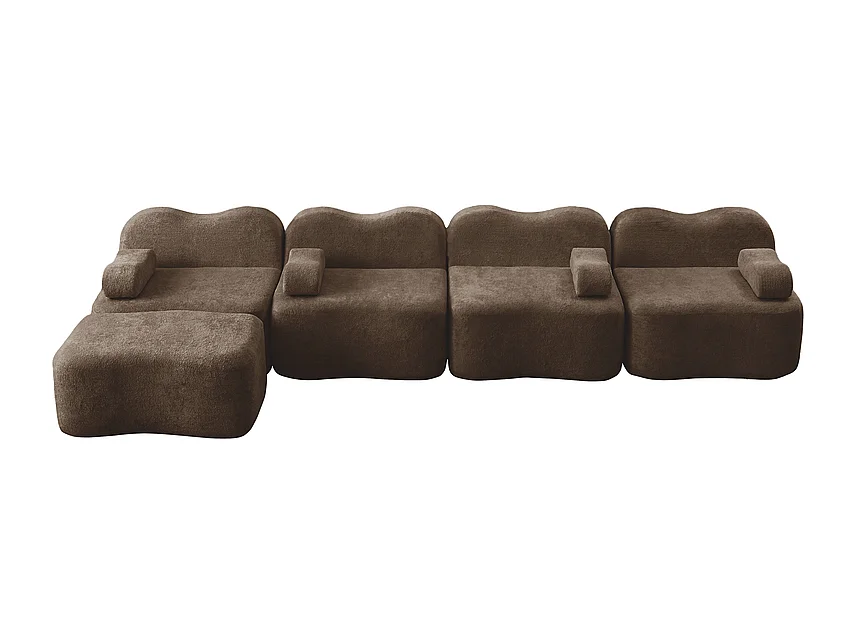 Modulaire hoekbank van fluweel - 4-zits - met poef en armleuningskussen - 384x167x70cm - Bruin