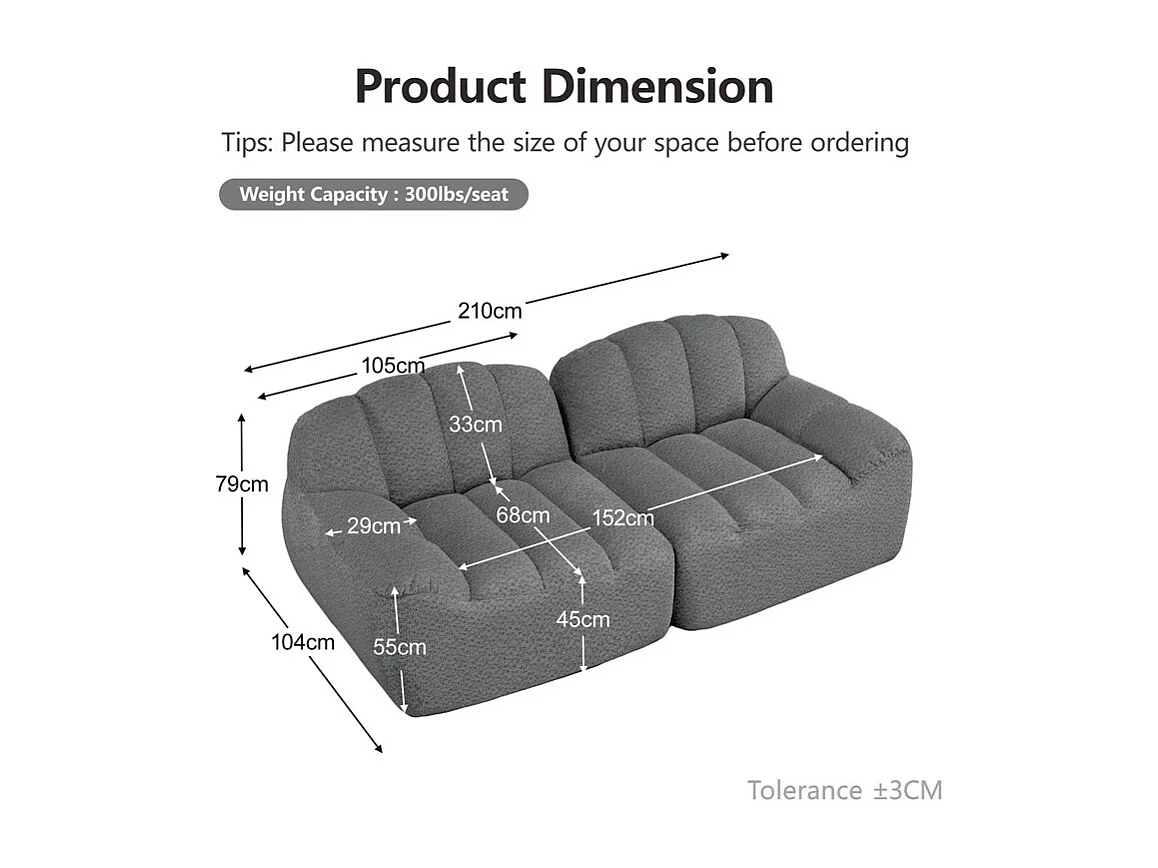 Canapé modulable 2 places en velours côtelé - 68cm d'assise profonds - 210x104x79cm - Gris