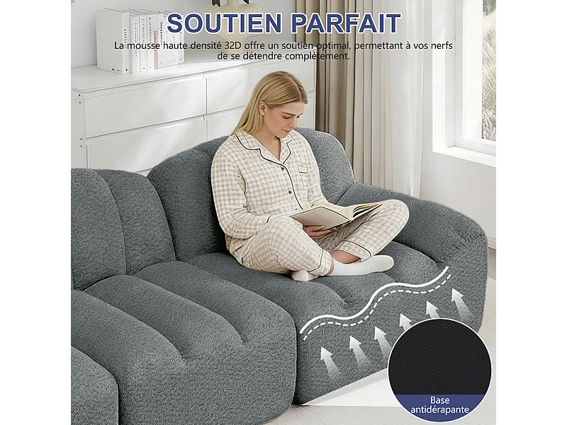 Canapé modulable 2 places en velours côtelé - 68cm d'assise profonds - 210x104x79cm - Gris