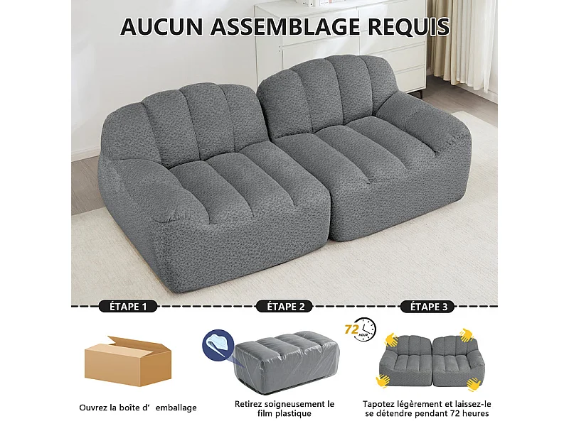 Canapé modulable 2 places en velours côtelé - 68cm d'assise profonds - 210x104x79cm - Gris