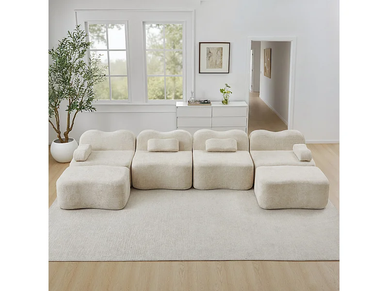 Modulaire U-hoekbank - 4-zits - met 2 poefs - Fluweel - 384x167x70cm - Beige