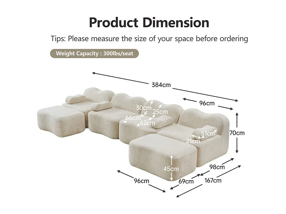 Modulaire U-hoekbank - 4-zits - met 2 poefs - Fluweel - 384x167x70cm - Beige